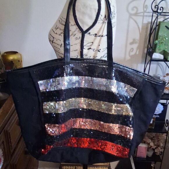 Victoria's Secret Handbags - VS Sequin Striped Large Tote Bag - Black, Silver, Red